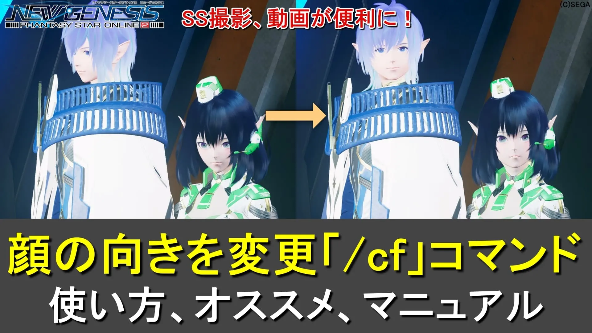 【PSO2NGS】顔の向きを変更する「/cf」コマンド使い方まとめ