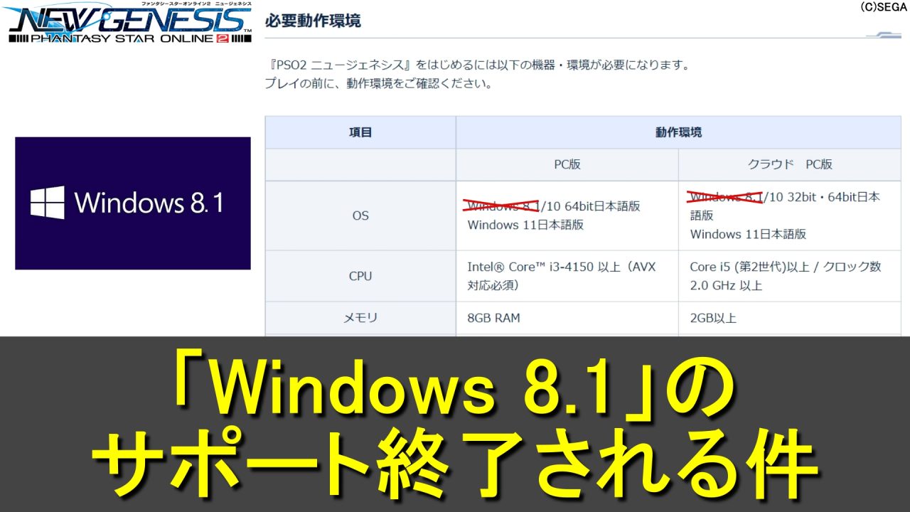 【PSO2NGS】「Windows 8.1」のサポート終了する件