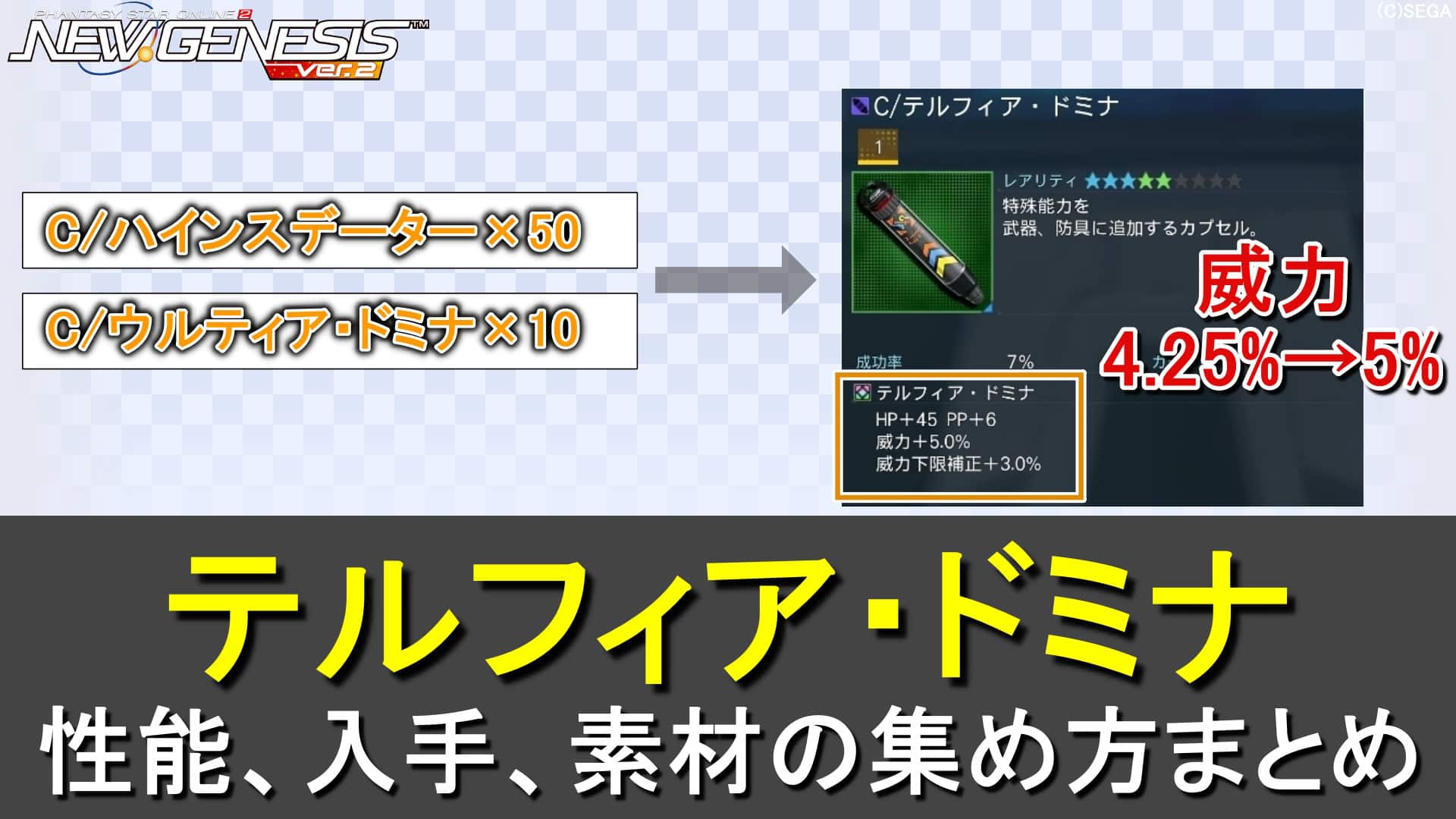 【PSO2NGS】OP「テルフィア・ドミナ」の性能と作り方、素材の集め方（上位ドミナ）